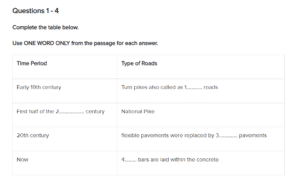 IELTS Reading Table Completion example