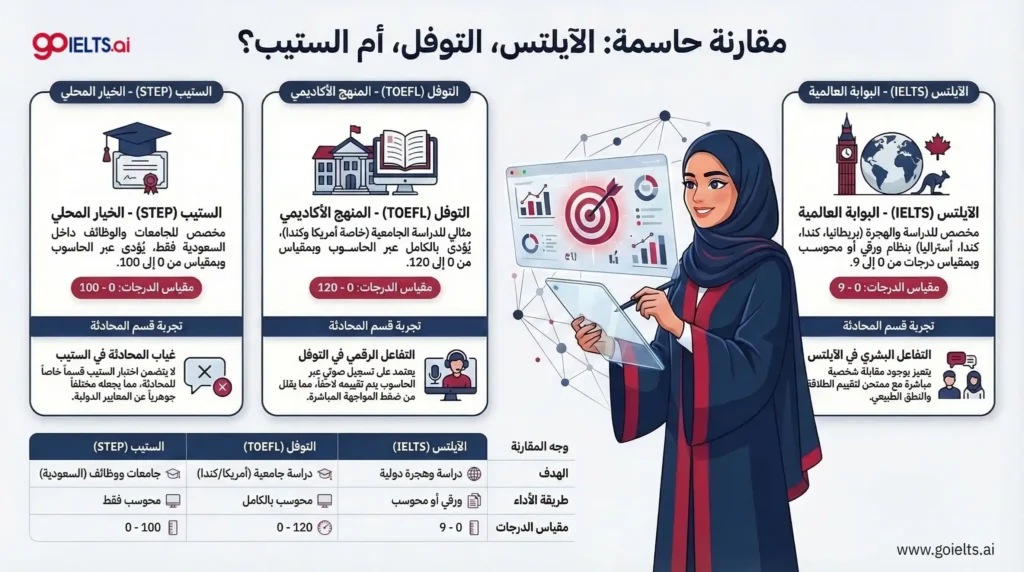 ما الفرق بين اختبار الايلتس والتوفل والستيب