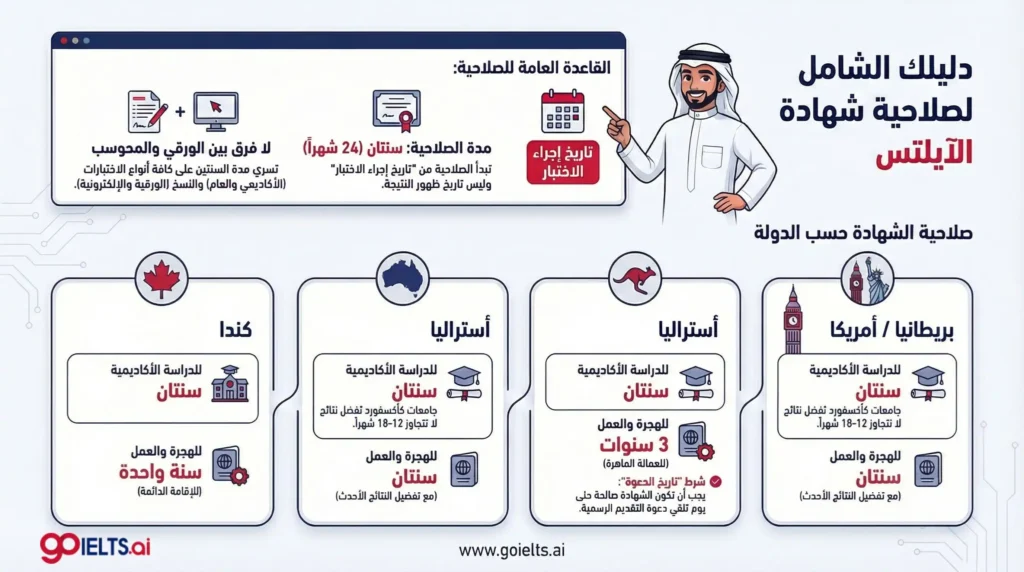 صلاحية شهادة الايلتس حسب الدولة