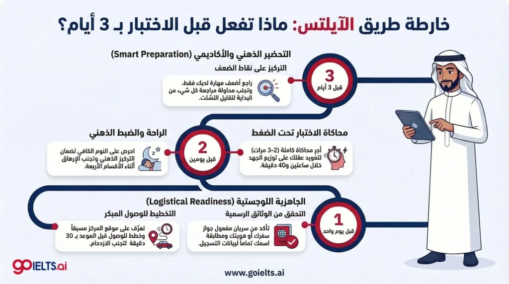 الاستعداد لاختبار الايلتس قبل ثلاثة أيام من الامتحان