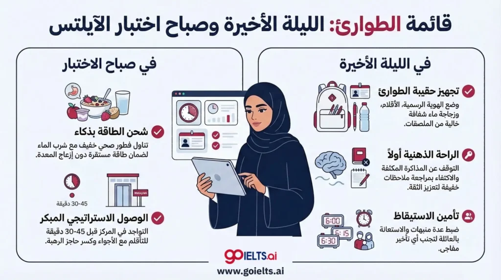 التحضير قبل يوم اختبار الايلتس (الليلة الأخيرة)