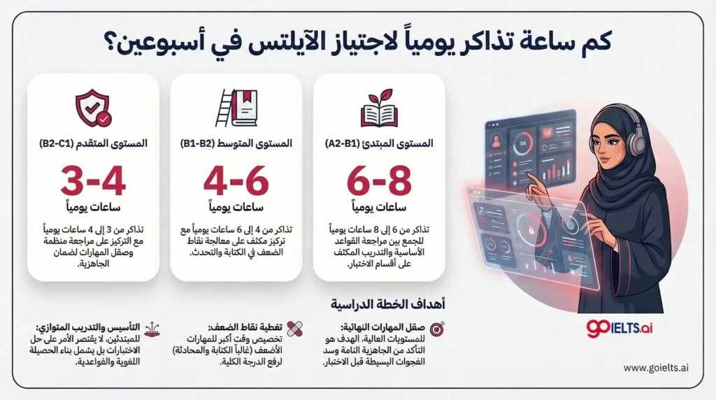 كم ساعة تحتاج لمذاكرة الايلتس في أسبوعين