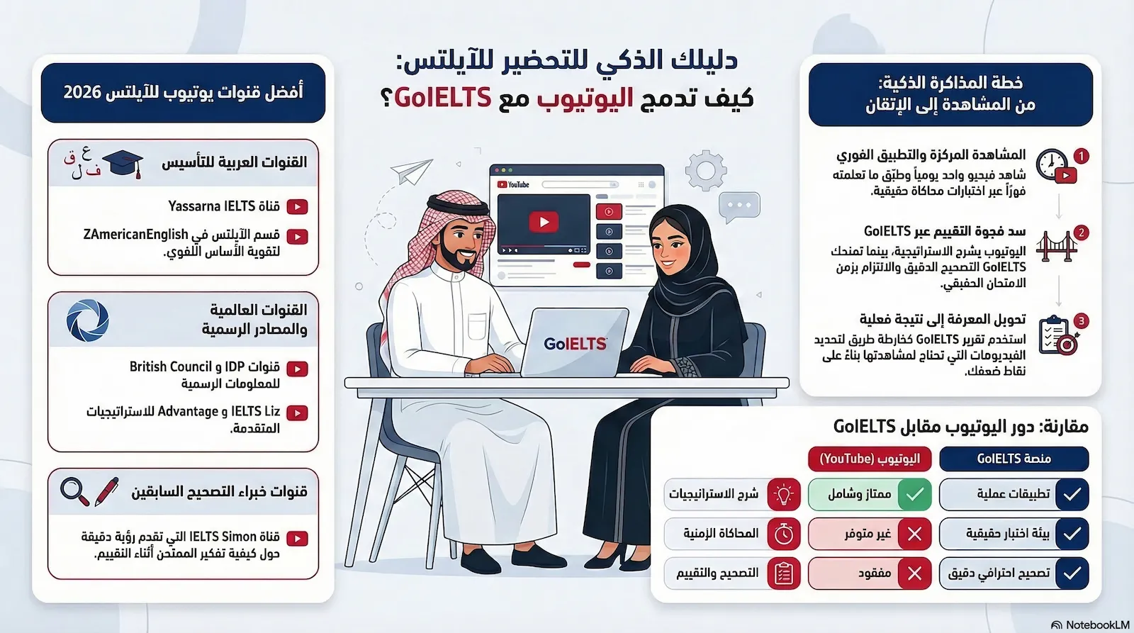 انفوجرافيك يوضح افضل قنوات يوتيوب للايلتس