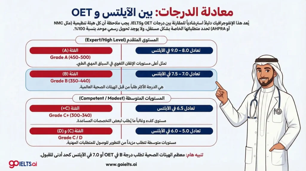 انفوجراف يوضح معادلة درجات الايلتس بالـ OET