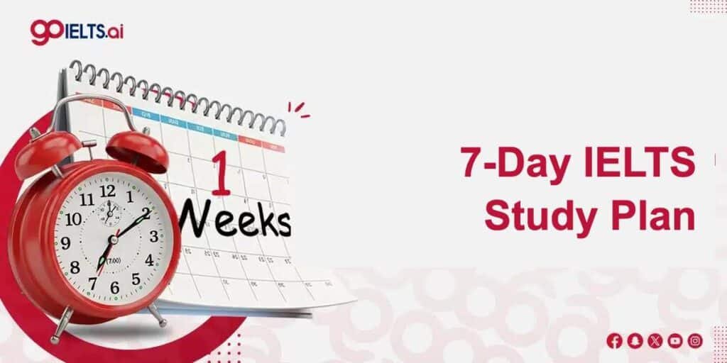 Seven-day IELTS study plan with original calendar and red alarm clock