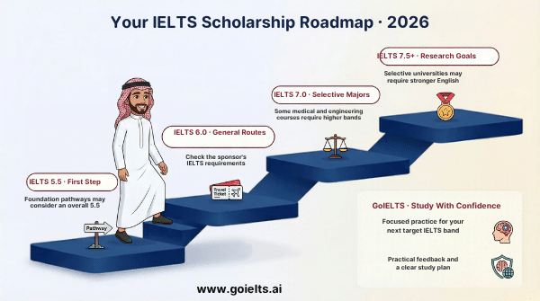 IELTS scholarship roadmap showing example bands 5.5 6.0 7.0 and 7.5 for different study pathways