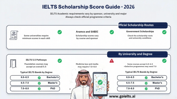 IELTS scholarship score guide 2026 showing Saudi scholarship routes and typical university degree-level IELTS bands